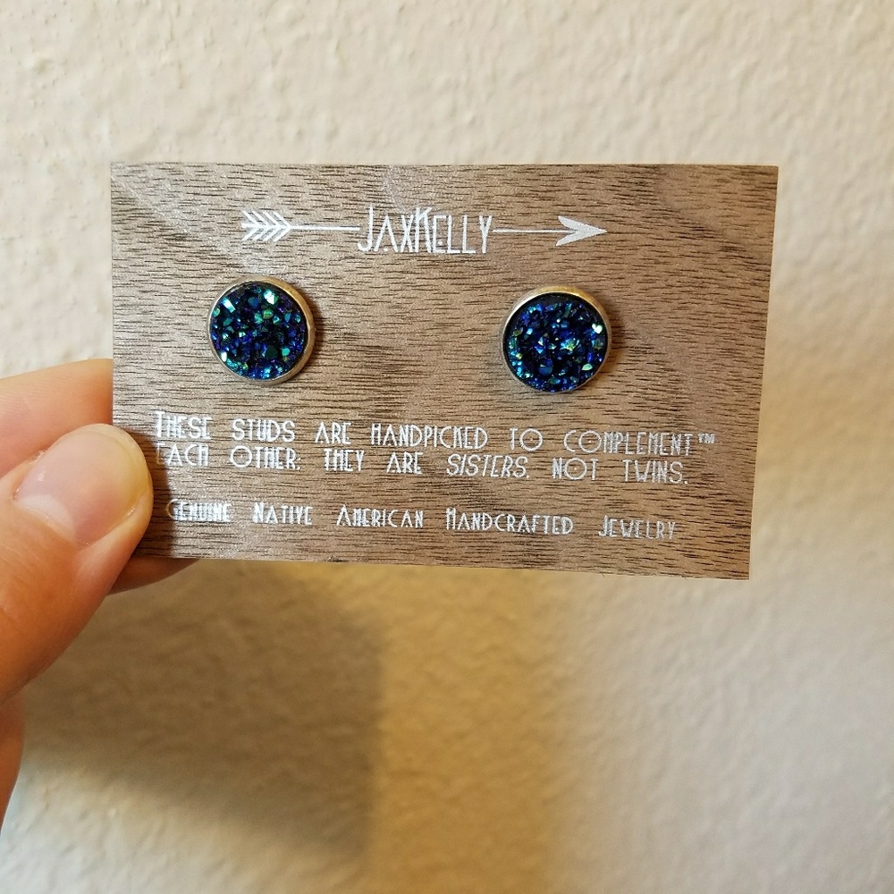 Blue druzy sterling silver stud earrings